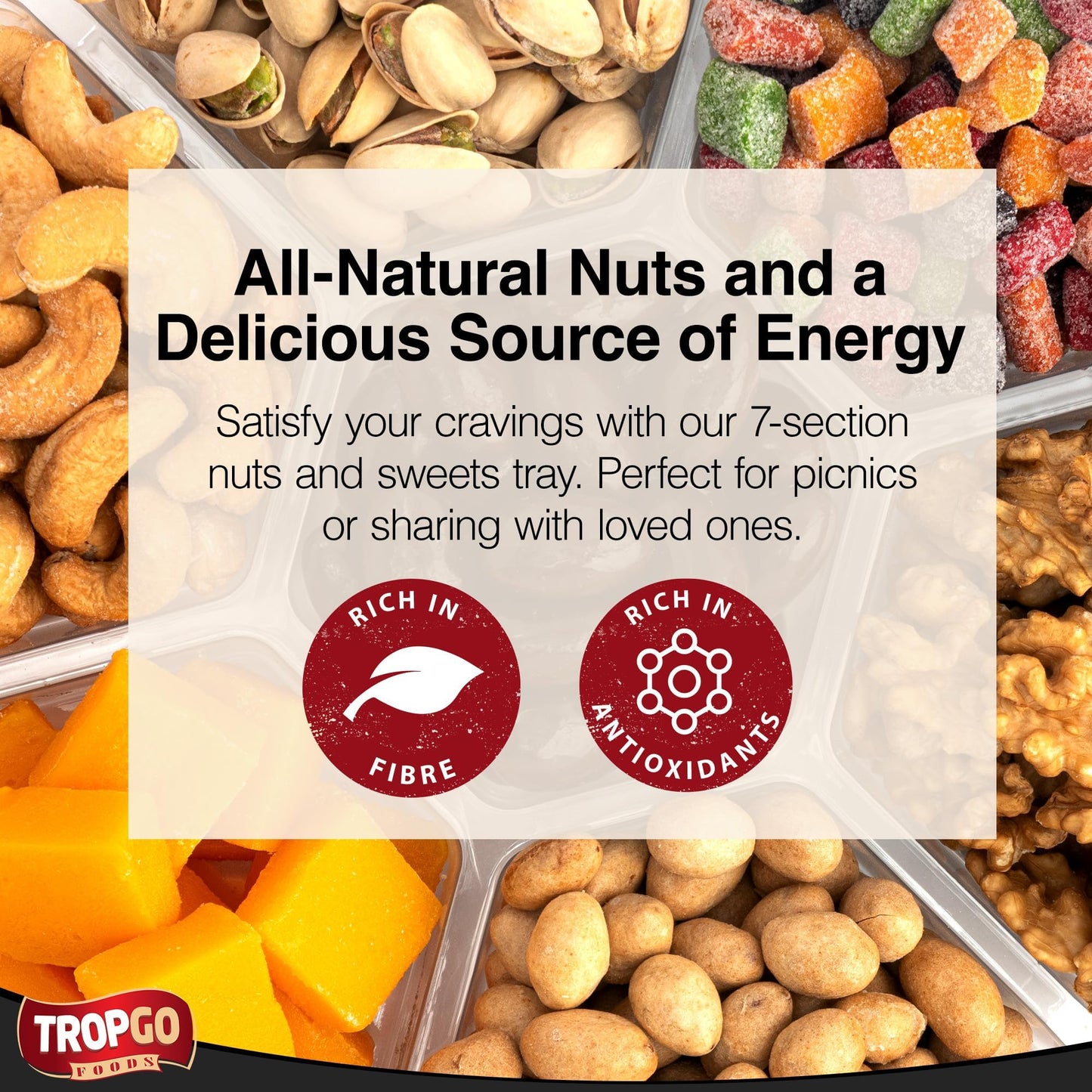 Tropgo 7 Sections Mixed Nuts & Chocolate Gift Box (Green) – Snack Gift with Pistachios, Cashews, Peanuts, Mango Mini Cubes & Bites, Walnuts & Chocolate Almonds