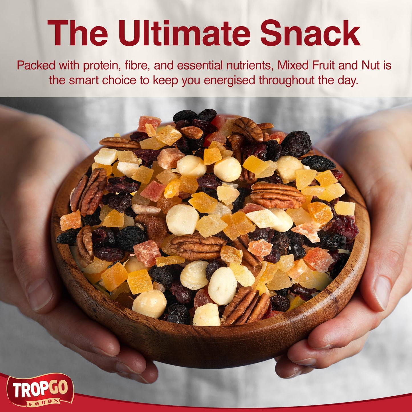 Tropgo Mixed Fruit & Nut Resealable Bag – Diced Mango, Pineapple & Papaya, Macadamia Nuts, Cranberries, Pecans – Healthy Snack for Work, School, Gym, Lunchboxes, Travel, Cupboards