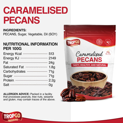 Tropgo Caramelised Pecans 100g Resealable Bag – Crunchy Glazed Nuts with Sweet Golden Coating – Pecan Nuts for Snacking, Baking & Salad Topping - Gifting Choice for Hampers or Celebrations
