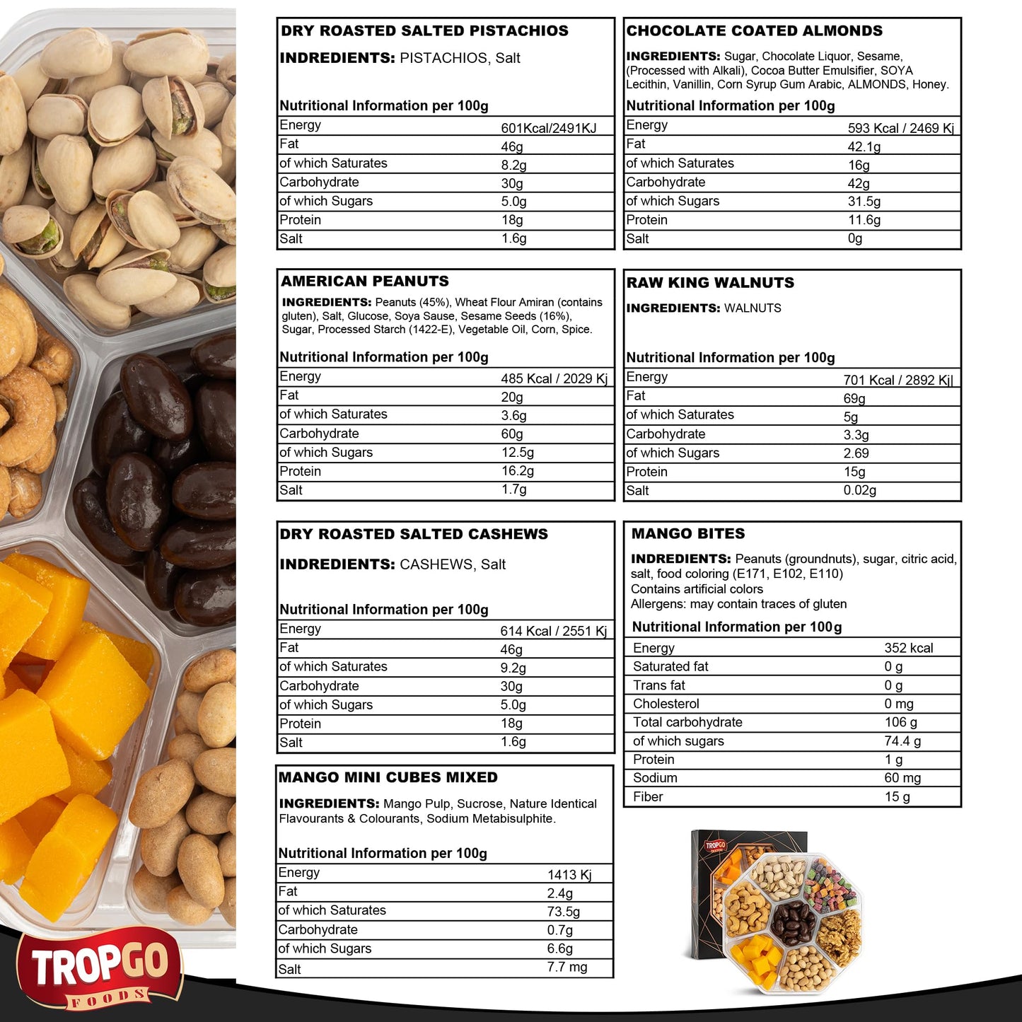 Tropgo 7 Sections Mixed Nuts & Chocolate Gift Box (Black) – Box Treat with Pistachios, Cashews, Peanuts, Mango Mini Cubes & Mango Bites, Walnuts & Chocolate Almonds - Couple Gifts Snack Box