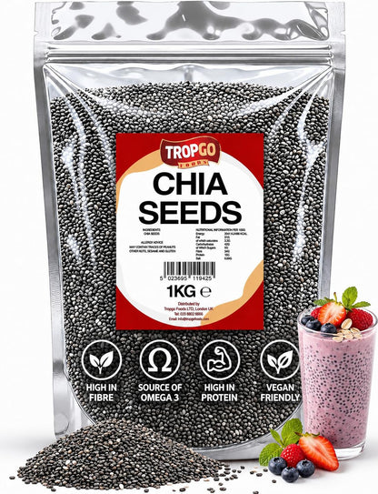 Tropgo Chia Seeds 1kg - Natural Superfood, High Fibre, Omega 3 Rich, Plant-Based Protein for Healthy Kids Smoothies, Baking, Breakfast & Toppings - Health Food Versatile Ingredient