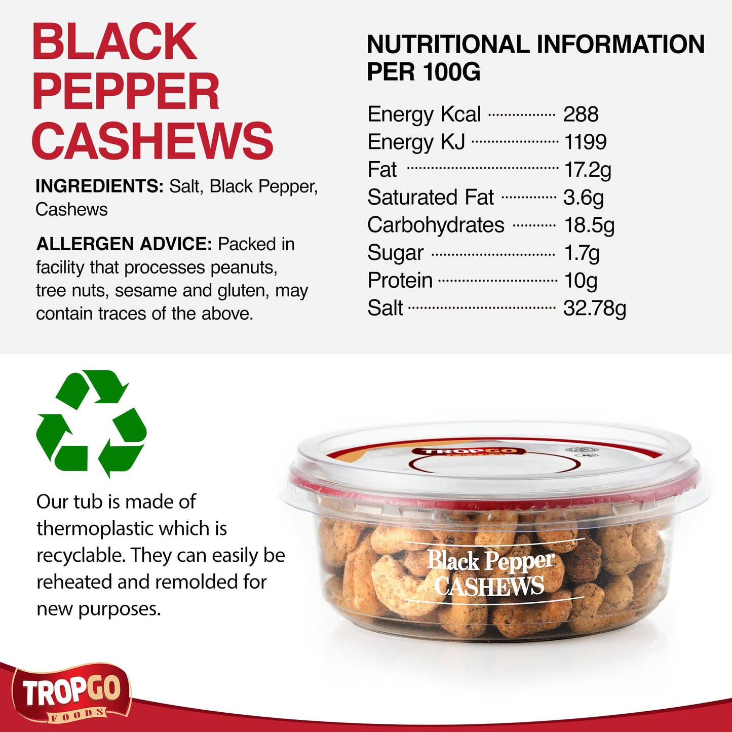 Roasted Salted Black Pepper Cashews - Healthy Flavoured Nuts in a Resealable and Recyclable Tub - Parent