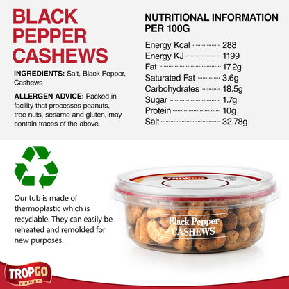 Roasted Salted Black Pepper Cashews - Healthy Flavoured Nuts in a Resealable and Recyclable Tub - Parent
