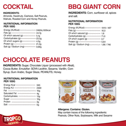 Salysol 3 Pack Mini Can Snack Variety – BBQ Giant Corn 30g, Chocolate Peanuts 50g, Spicy BBQ Cocktail 50g – Gift Box Snack Set for Men and Women