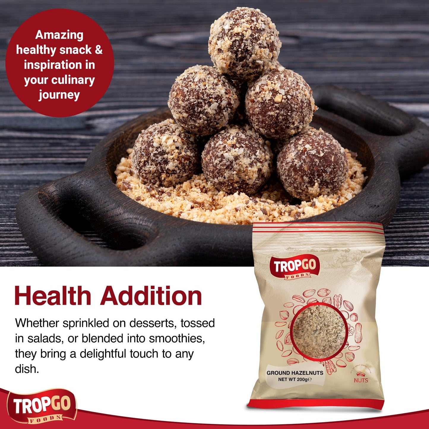 Tropgo Ground Hazelnuts 2 x 200g - Premium Hazelnuts in Resealable Bag - Healthy Snacks with Fibre, Protein, and Minerals - Kosher Hazelnuts Ideal for Cooking & Baking