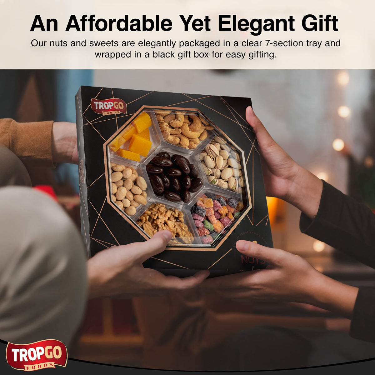 Tropgo 7 Sections Mixed Nuts & Chocolate Gift Box (Black) – Box Treat with Pistachios, Cashews, Peanuts, Mango Mini Cubes & Mango Bites, Walnuts & Chocolate Almonds - Couple Gifts Snack Box