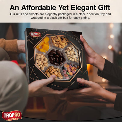 Tropgo 7 Sections Mixed Nuts & Chocolate Gift Box (Black) – Box Treat with Pistachios, Cashews, Peanuts, Mango Mini Cubes & Mango Bites, Walnuts & Chocolate Almonds - Couple Gifts Snack Box