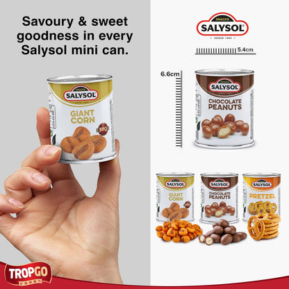 Salysol 3 Pack Mini Can Gift Snack Variety – Salted Pretzel 25g, BBQ Giant Corn 30g, Chocolate Peanuts 50g – Gift Box Snack Set for Men and Women