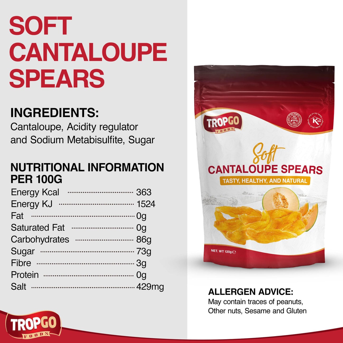 Tropgo Soft Cantaloupe Spears 120g Natural Dried Fruit Snack - Parent