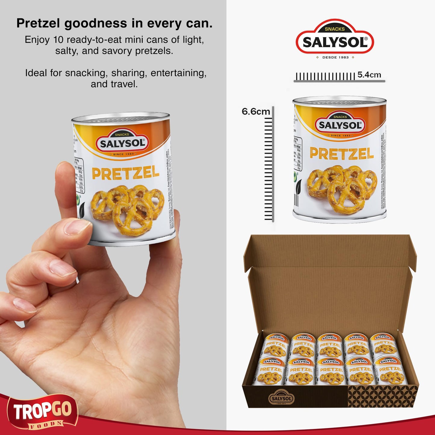 Salysol Pretzel Crisps 25g, 10 Pack - Crunchy Salted Pretzels in Mini Cans - On-the-Go Travel Savoury Snacks for Kids and Adults - Snack Pretzel for Sharing & Snacking Anytime
