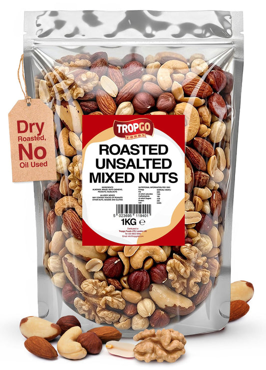Tropgo Roasted Unsalted Mixed Nuts 1kg - Dry Roasted, No Oil Used, Nut Snacks with Fibre, Protein and Minerals - Perfect for Snacking, Includes Almonds, Brazil, Cashews, Peanuts, & Hazelnuts