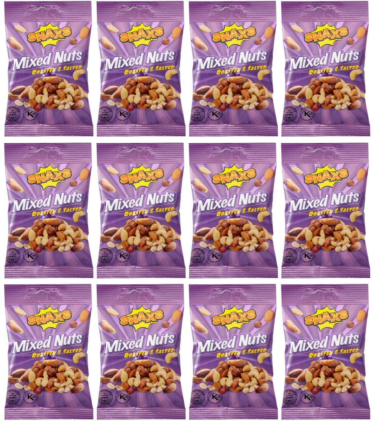 Snaxs Roasted Salted Mixed Nuts 12 x 40g - Almonds, Brazil, Cashews, Peanuts & Hazelnuts - Healthy Kosher Snack with Fibre, Protein & Minerals - Ideal for Snacking