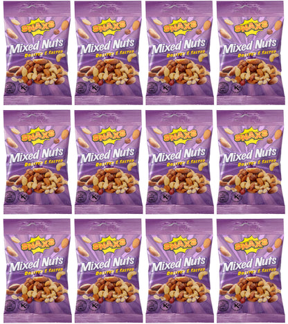 Snaxs Roasted Salted Mixed Nuts 12 x 40g - Almonds, Brazil, Cashews, Peanuts & Hazelnuts - Healthy Kosher Snack with Fibre, Protein & Minerals - Ideal for Snacking