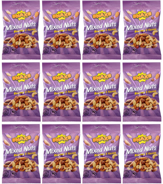 Snaxs Roasted Salted Mixed Nuts 12 x 40g - Almonds, Brazil, Cashews, Peanuts & Hazelnuts - Healthy Kosher Snack with Fibre, Protein & Minerals - Ideal for Snacking