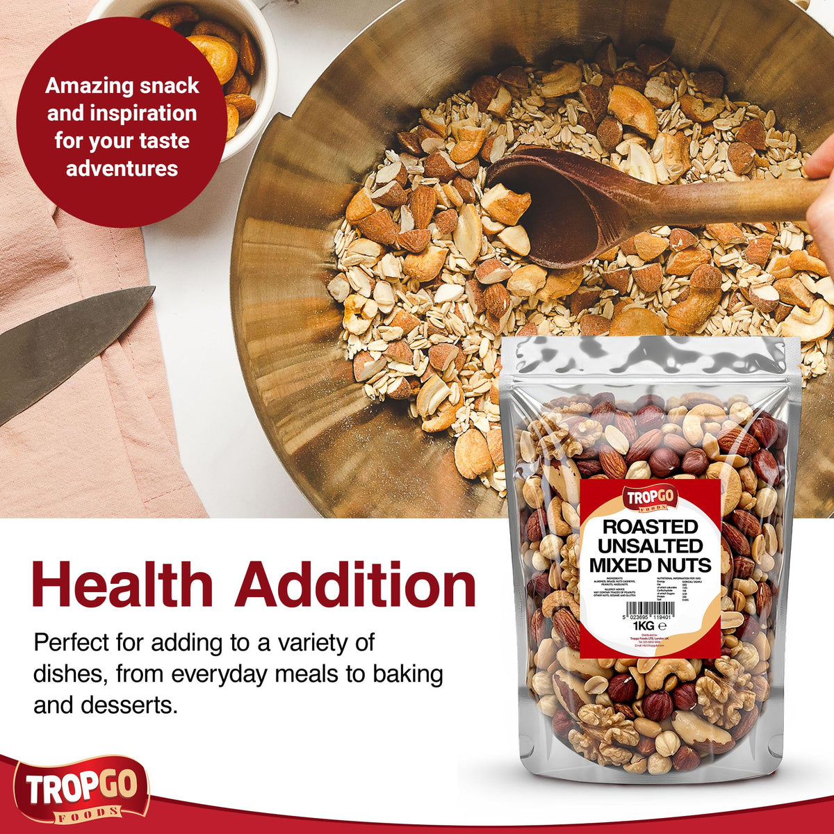Tropgo Roasted Unsalted Mixed Nuts 1kg - Dry Roasted, No Oil Used, Nut Snacks with Fibre, Protein and Minerals - Perfect for Snacking, Includes Almonds, Brazil, Cashews, Peanuts, & Hazelnuts