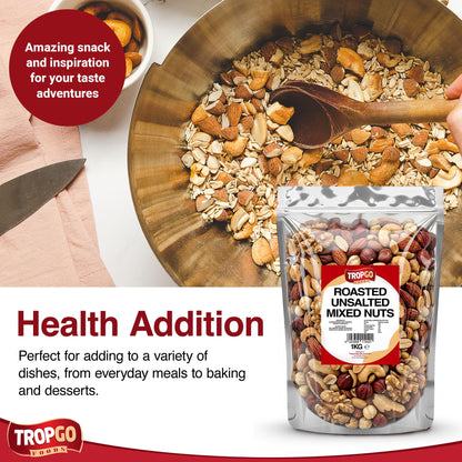 Tropgo Roasted Unsalted Mixed Nuts 1kg - Dry Roasted, No Oil Used, Nut Snacks with Fibre, Protein and Minerals - Perfect for Snacking, Includes Almonds, Brazil, Cashews, Peanuts, & Hazelnuts