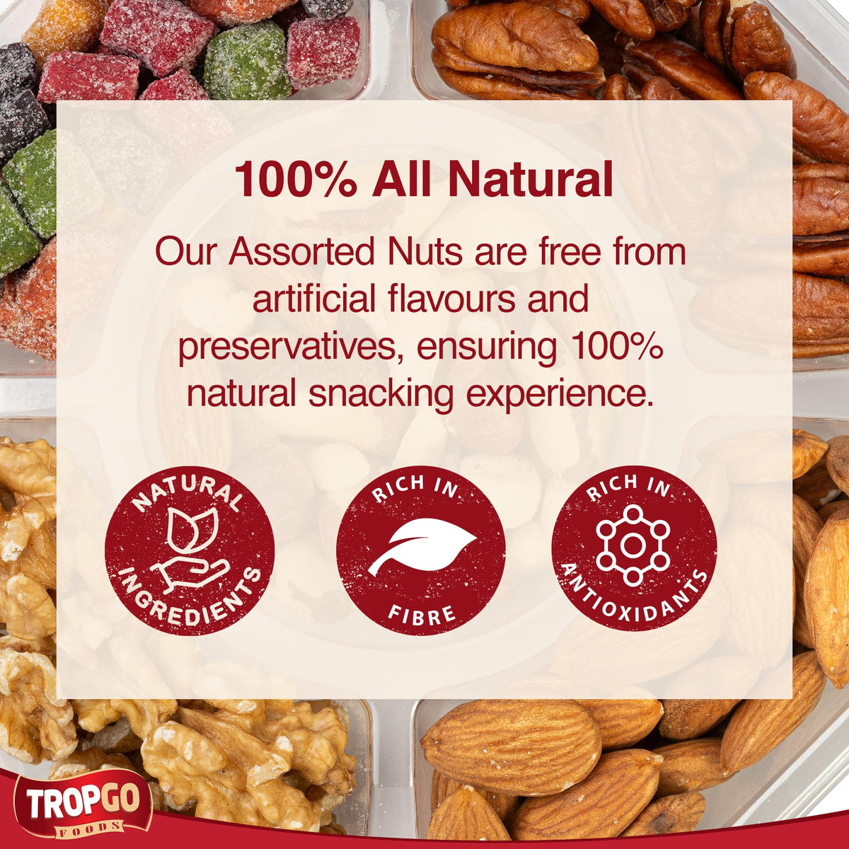 Tropgo 5 Sections Mixed Nuts Gift Set – Delicious Almonds, Walnuts, Cashews, Sweet Mango Cubes & Raw Pecans Mixed Nuts Snacks – Red Congratulations Card Snack Box