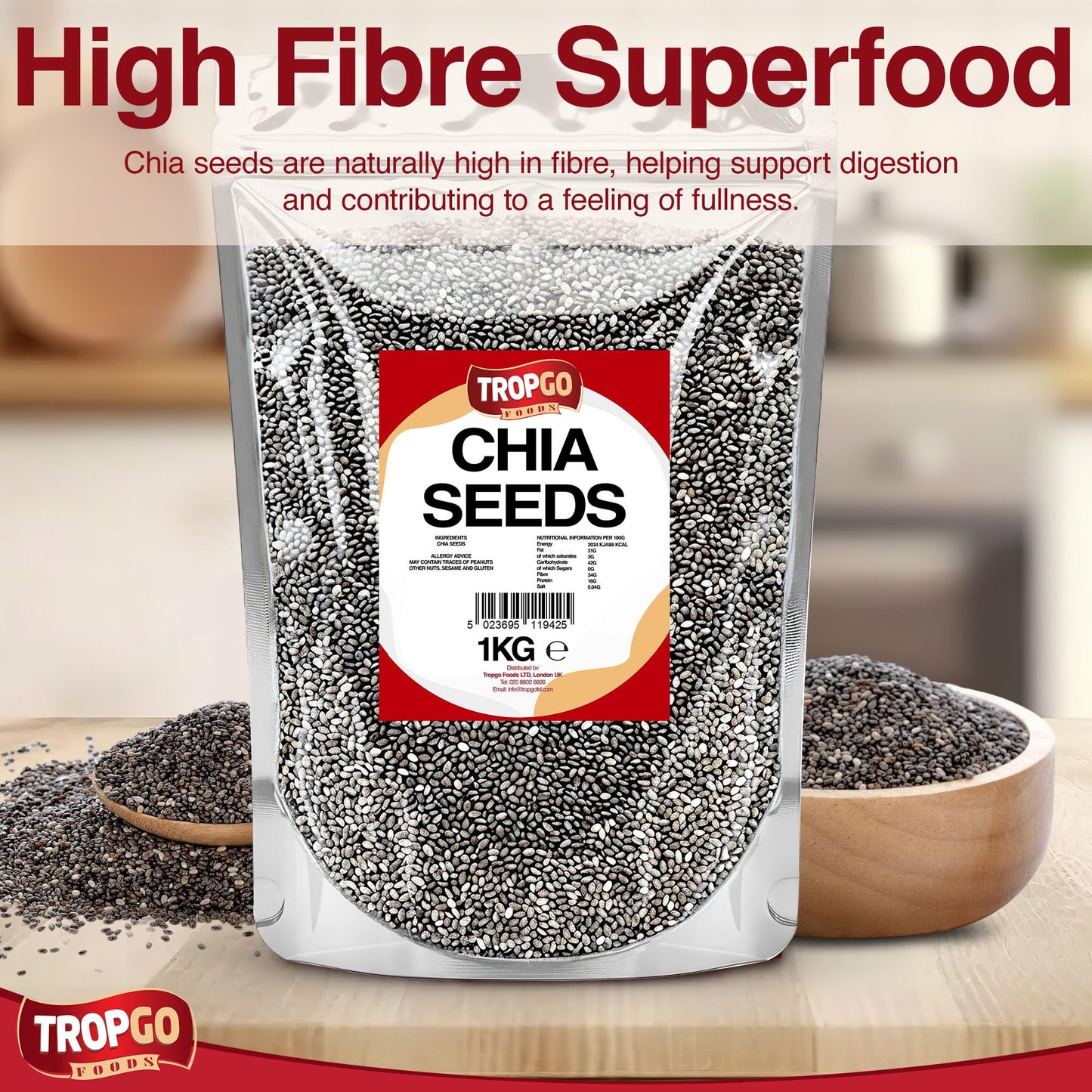Tropgo Chia Seeds 1kg - Natural Superfood, High Fibre, Omega 3 Rich, Plant-Based Protein for Healthy Kids Smoothies, Baking, Breakfast & Toppings - Health Food Versatile Ingredient