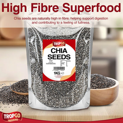 Tropgo Chia Seeds 1kg - Natural Superfood, High Fibre, Omega 3 Rich, Plant-Based Protein for Healthy Kids Smoothies, Baking, Breakfast & Toppings - Health Food Versatile Ingredient