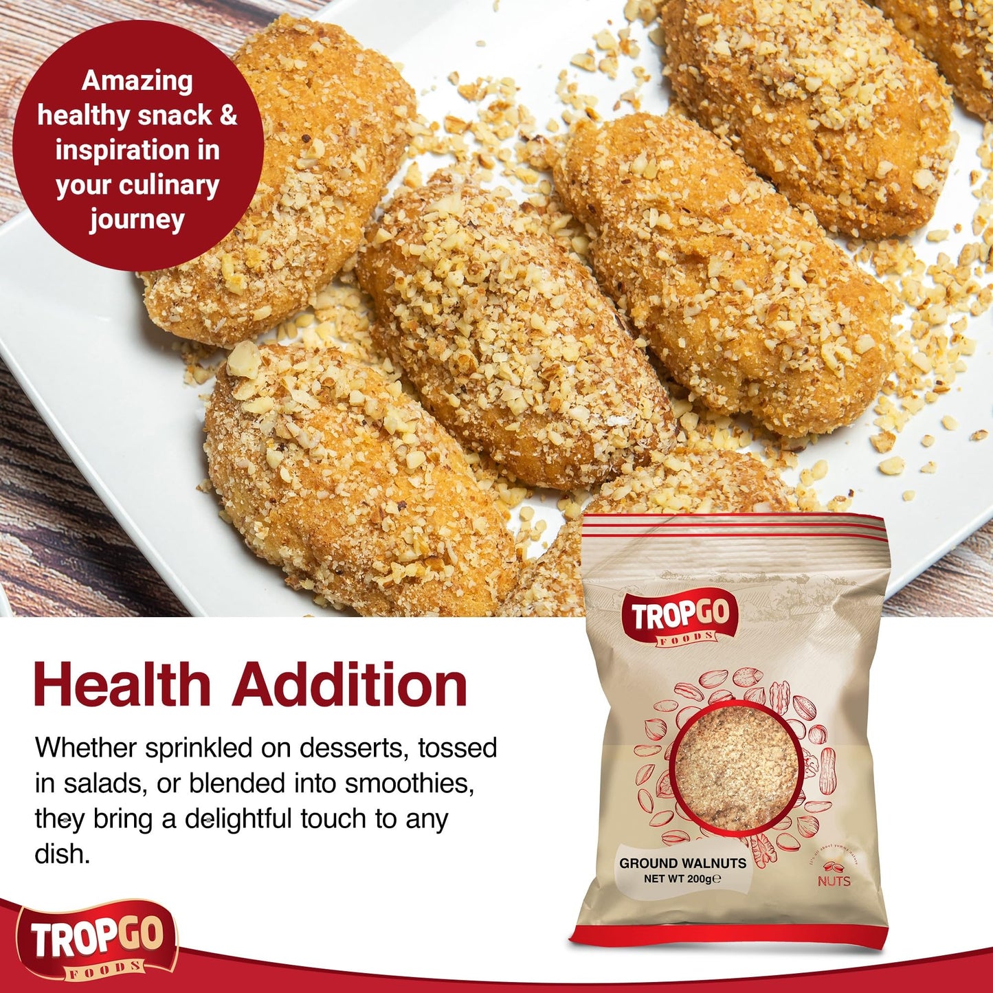 Tropgo Ground Walnuts 2 x 200g - Premium Walnuts in Resealable Bag - Healthy Snacks with Fibre, Protein, and Minerals - Kosher, Ideal for Cooking & Baking