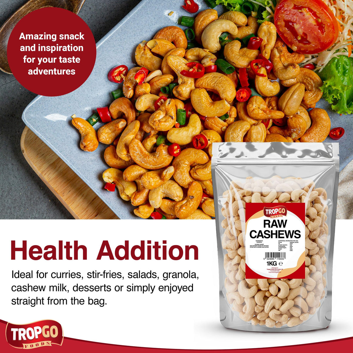 Tropgo 1kg Raw Cashew Nuts - Large & Tasty Cashews - Packed Fresh Premium Quality Cashew Nut - Healthy for the Heart, High in Fibre & Minerals - Perfect for Snacking
