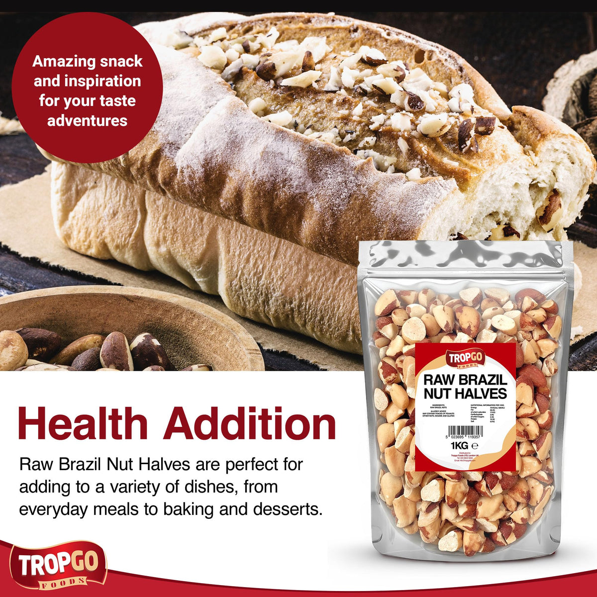 Tropgo Raw Brazil Nut Halves 1kg - Packed Fresh, 100% Natural Brazilian Nuts with Fibre, Protein, and Minerals, Perfect for Snacking - Kosher Nuts - Bulk Brazil Nuts