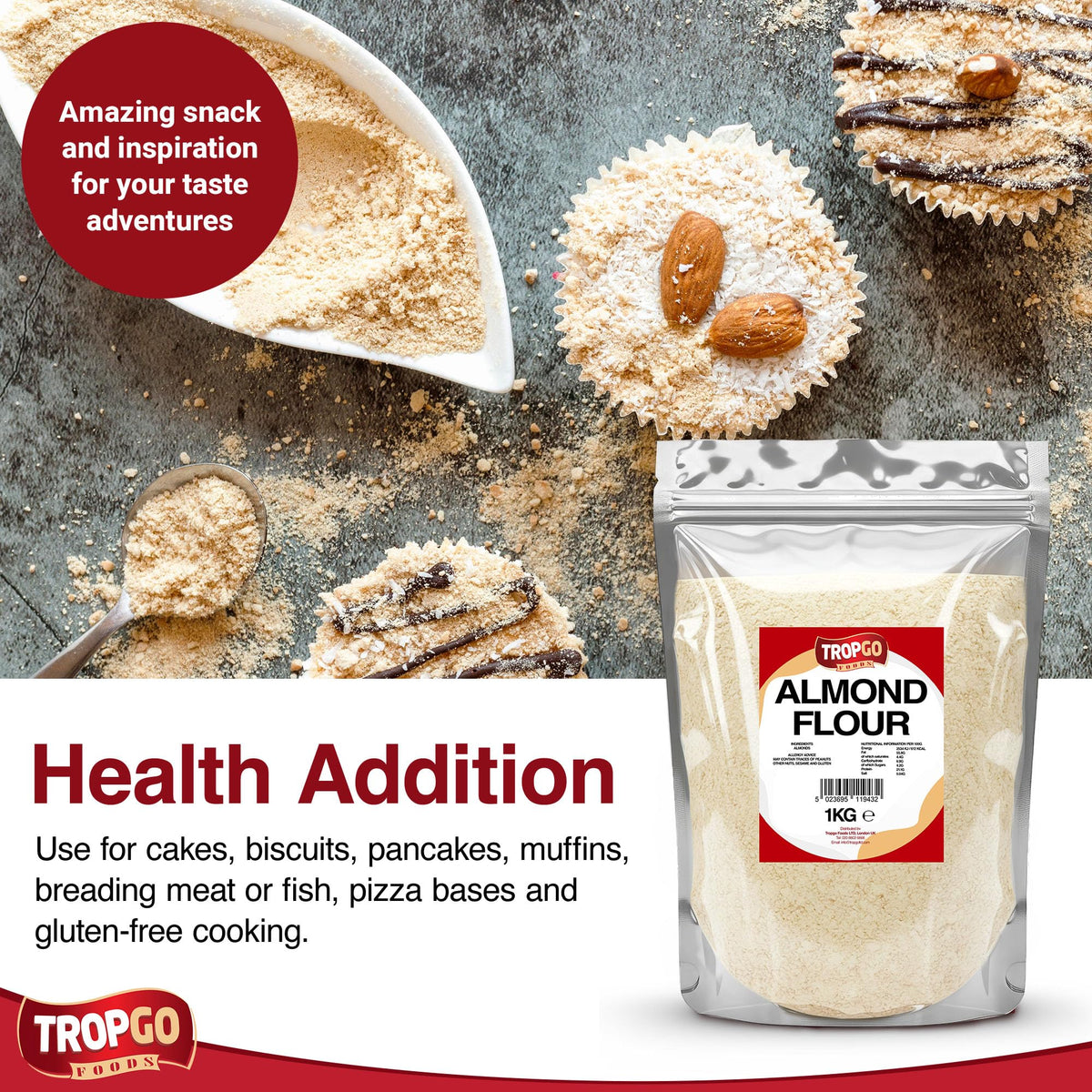 Tropgo Almond Flour 1kg - Finely Ground Blanched Almonds - Baking Ingredient, Low Carb Powder for Cakes, Bread, Pastry, Protein Rich Grain Alternative - Pantry Essential