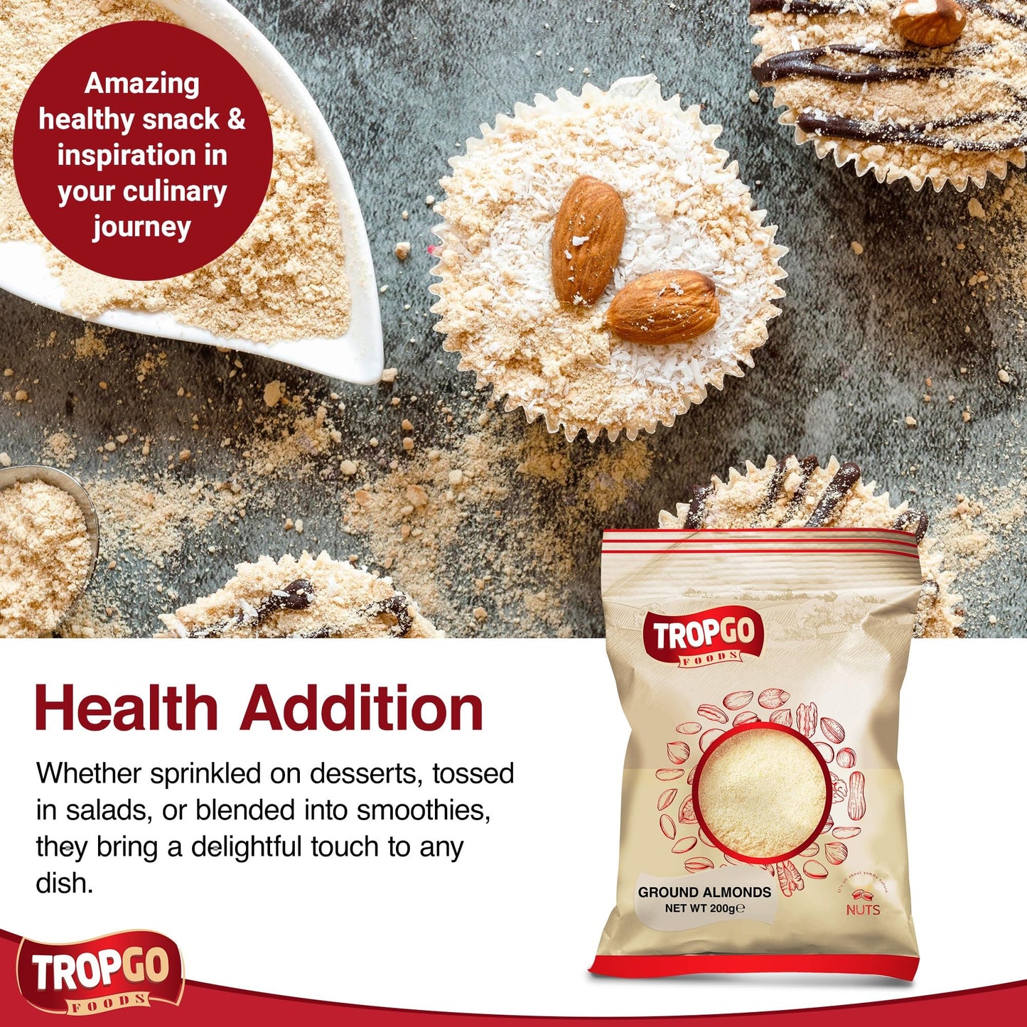 Tropgo Ground Almonds 2 x 200g - Premium Almonds in Resealable Bag - Healthy Snacks with Fibre, Protein, and Minerals - Kosher Almonds Ideal for Cooking & Baking