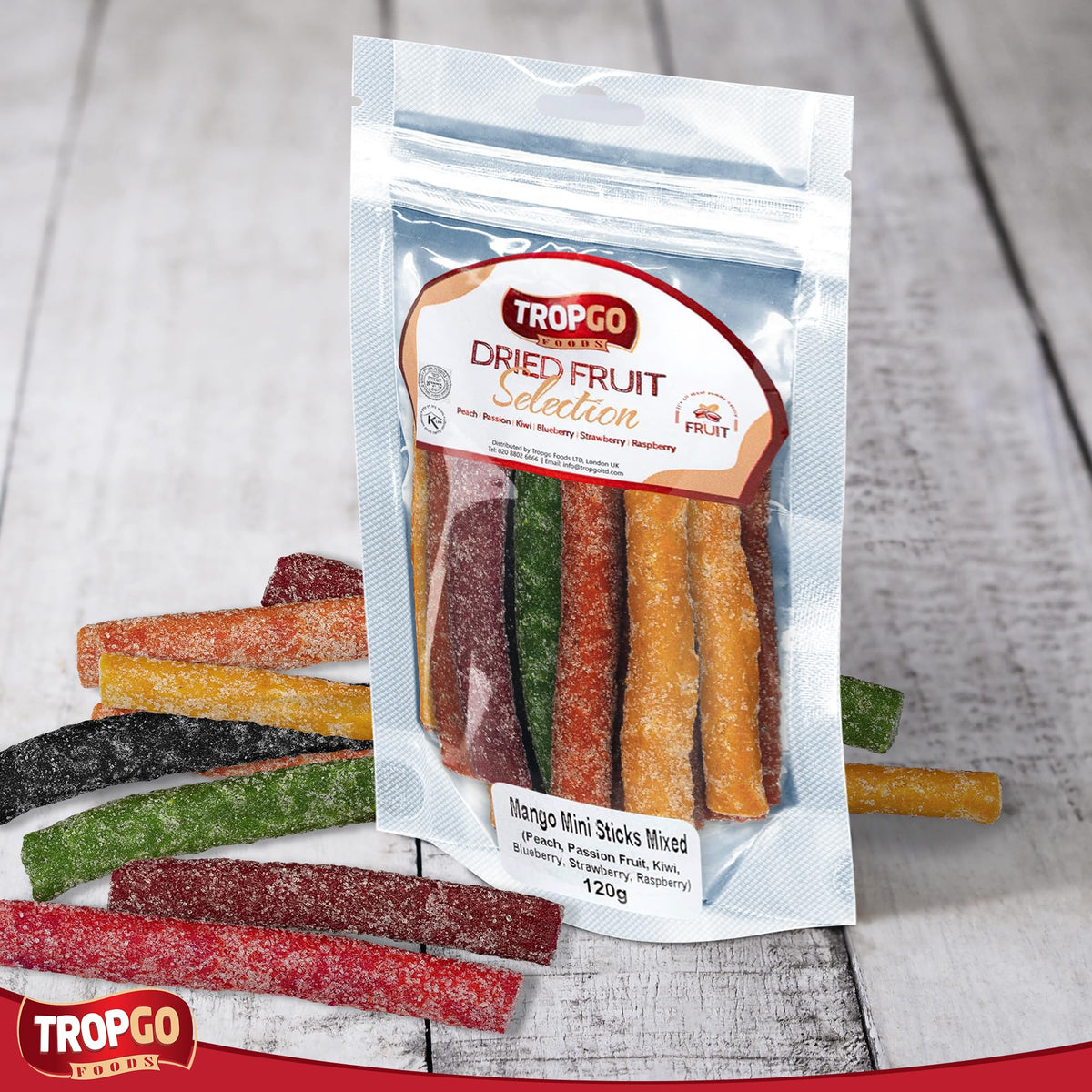 Tropgo Fruity Chewy Mini Sticks - Pack of 2 | Sugar-Coated Fruit-Flavoured Snack | Peach, Passion Fruit, Kiwi, Blueberry, Strawberry & Raspberry | 120g