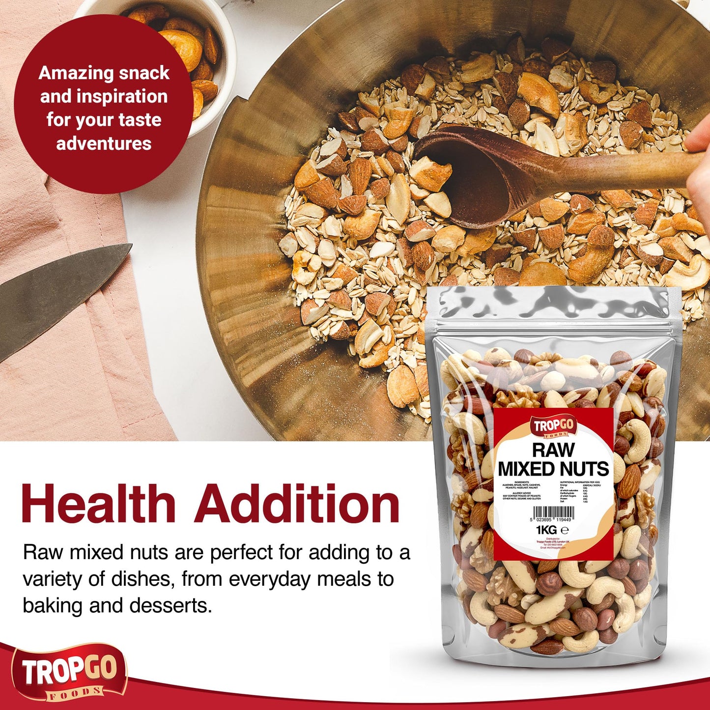 Tropgo Raw Mixed Nuts - 1kg Nut Snacks - Packed Fresh, Healthy Jumbo Nuts with Fibre, Protein, and Minerals - Perfect Snacking - Includes Almonds, Brazil Nuts, Cashews, Peanuts, Walnuts & Hazelnuts