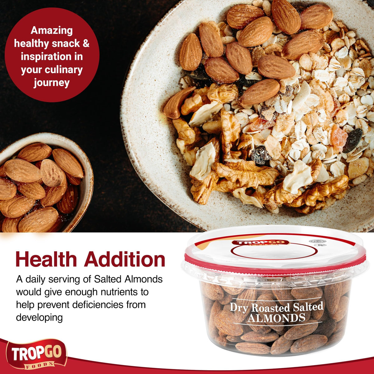 Tropgo Roasted Salted Almonds 180g Tub - Pack of 2 - Almond Nuts in Resealable and Recyclable Tub - Wholesome Trail Mix with Fibre, Protein, and Essential Minerals - Healthy Nuts for All Ages